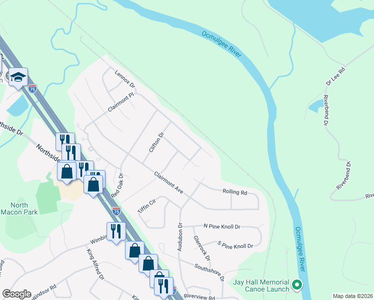 map of restaurants, bars, coffee shops, grocery stores, and more near 3098 Rolling Road in Macon
