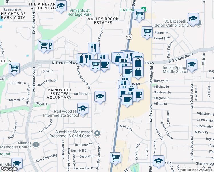 map of restaurants, bars, coffee shops, grocery stores, and more near 5801 Blackmon Court in Fort Worth