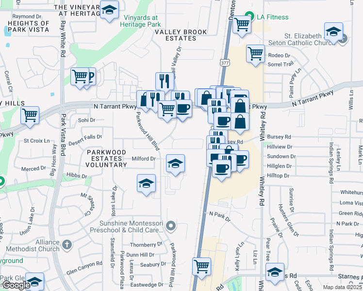 map of restaurants, bars, coffee shops, grocery stores, and more near 5729 Blackmon Court in Fort Worth