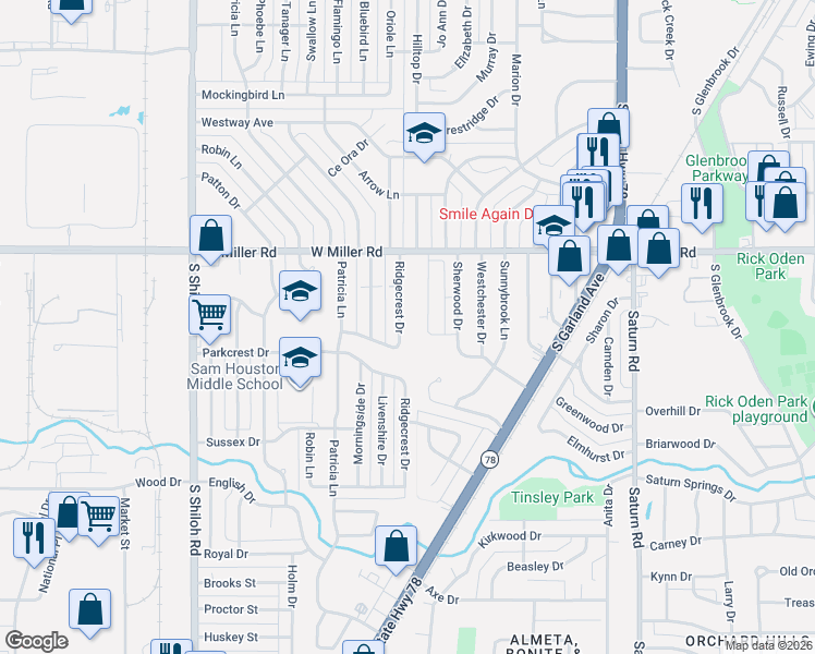 map of restaurants, bars, coffee shops, grocery stores, and more near 2122 Ridgecrest Drive in Garland