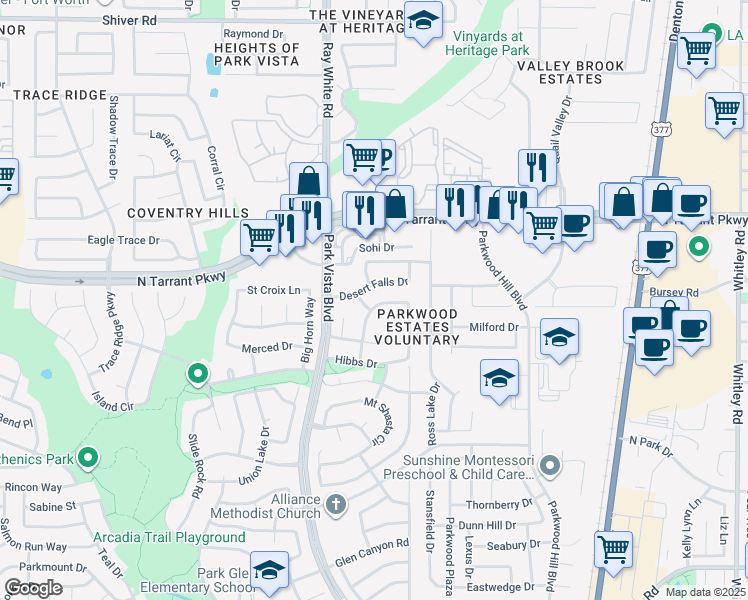 map of restaurants, bars, coffee shops, grocery stores, and more near 8369 Everglades Circle in Fort Worth