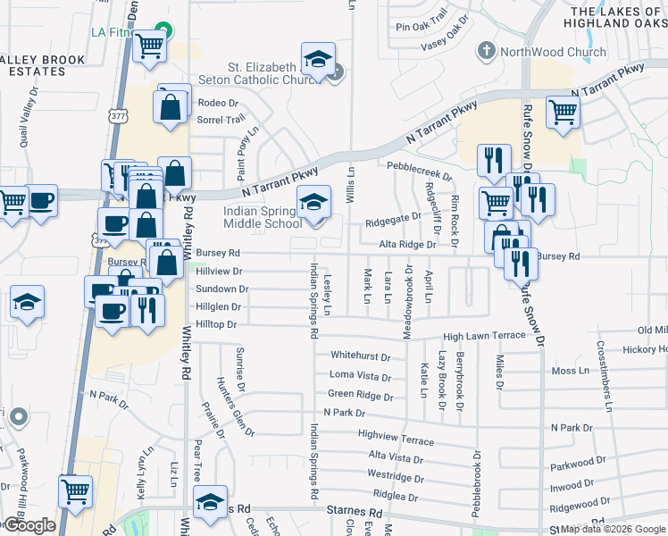 map of restaurants, bars, coffee shops, grocery stores, and more near 8240 Lesley Lane in Watauga