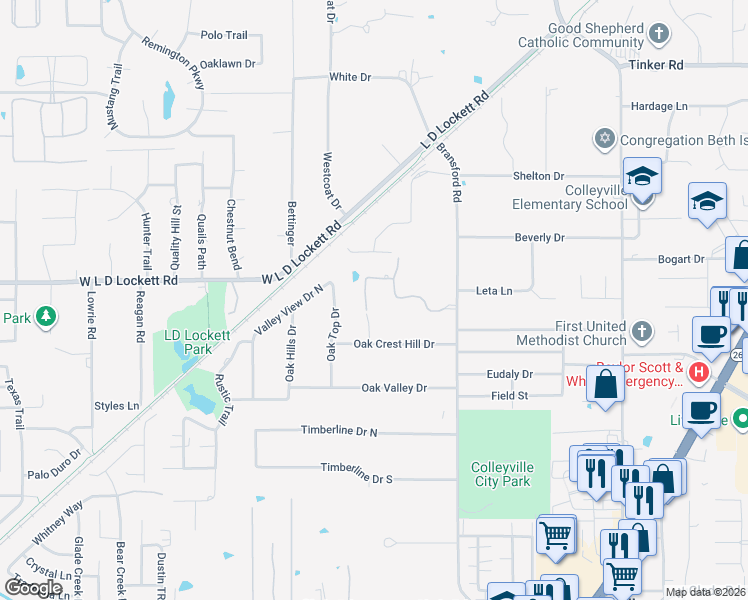 map of restaurants, bars, coffee shops, grocery stores, and more near 5615 Winnie Drive in Colleyville