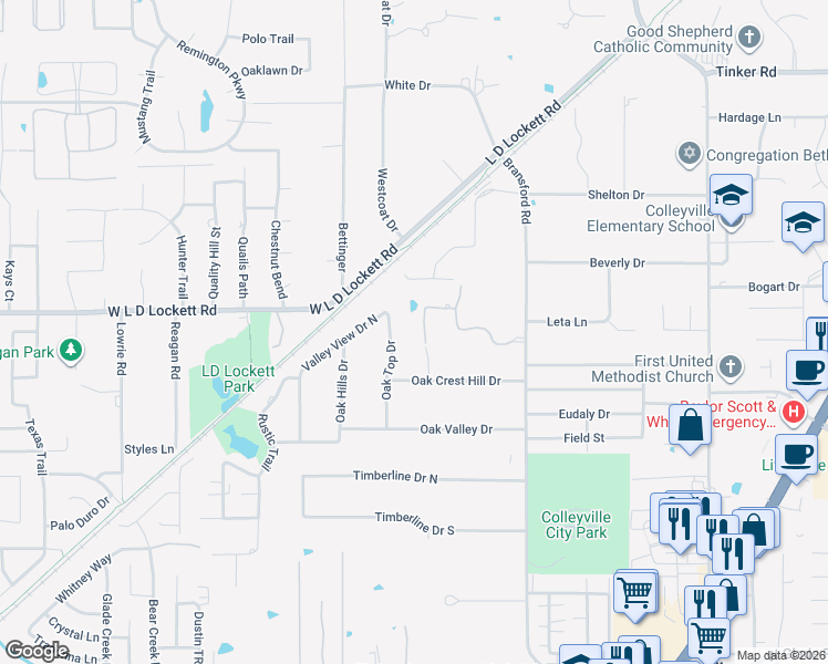 map of restaurants, bars, coffee shops, grocery stores, and more near 5615 Winnie Drive in Colleyville