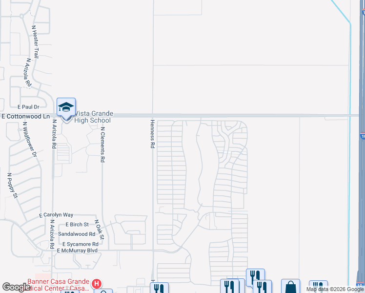map of restaurants, bars, coffee shops, grocery stores, and more near East Desert Wind Lane in Casa Grande