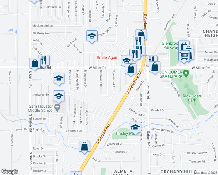 map of restaurants, bars, coffee shops, grocery stores, and more near 2056 Westchester Drive in Garland