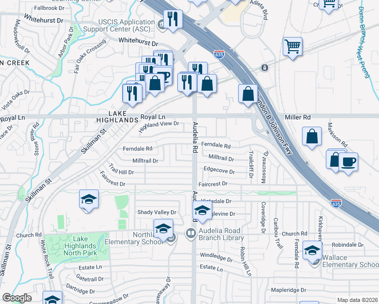 map of restaurants, bars, coffee shops, grocery stores, and more near 10404 Sunshine Circle in Dallas