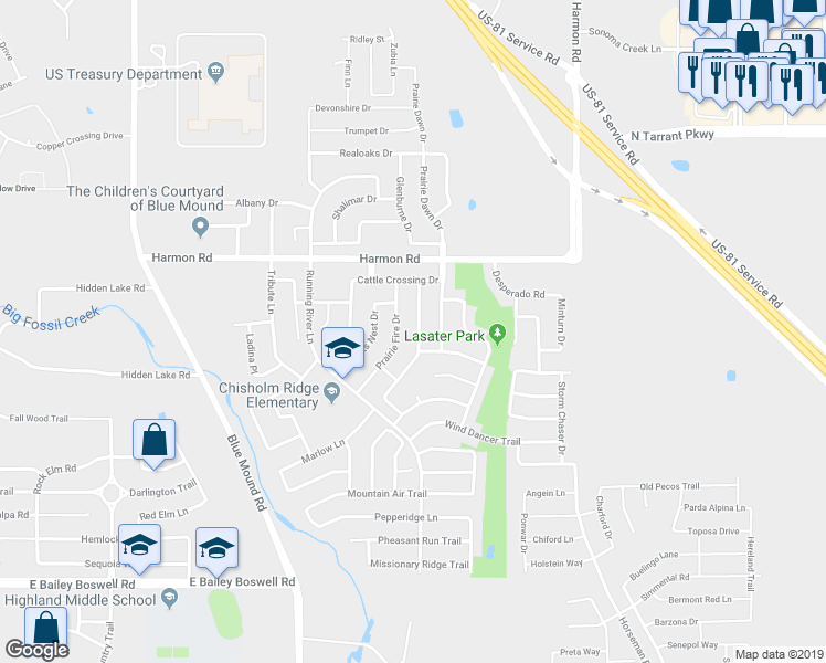 map of restaurants, bars, coffee shops, grocery stores, and more near 8417 Horse Whisper Lane in Fort Worth