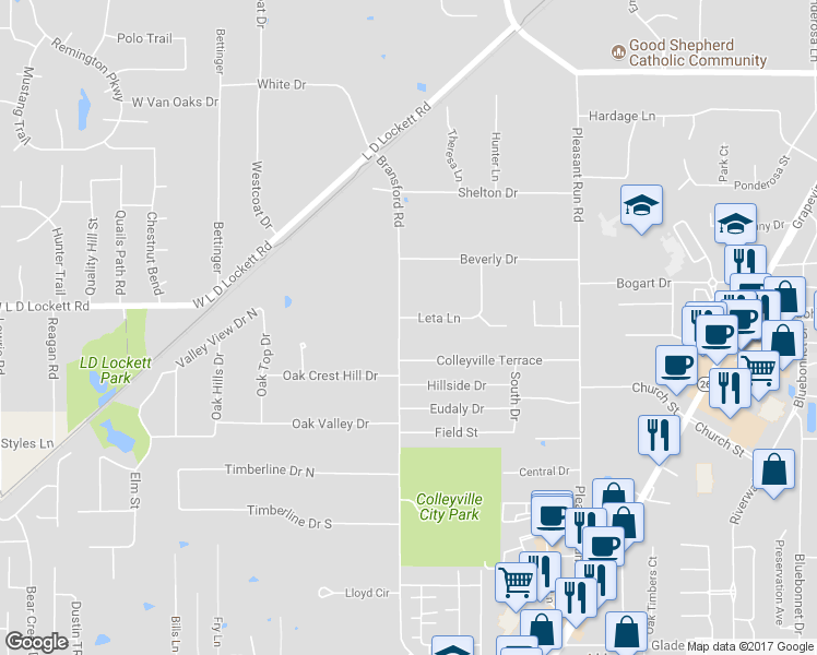map of restaurants, bars, coffee shops, grocery stores, and more near 505 Leta Lane in Colleyville