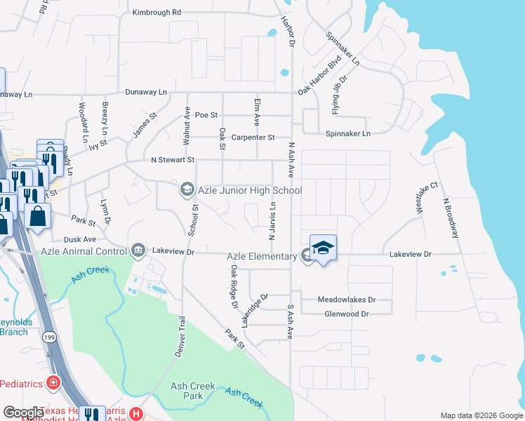 map of restaurants, bars, coffee shops, grocery stores, and more near 224 Spruce Circle in Azle