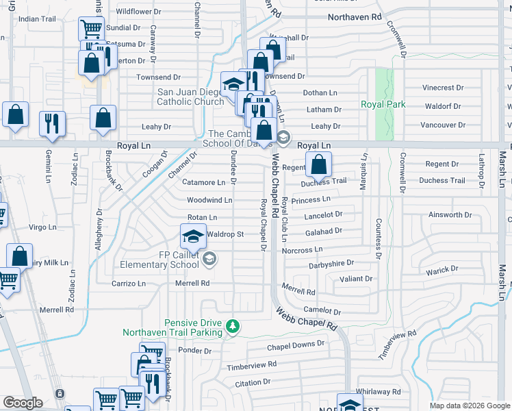 map of restaurants, bars, coffee shops, grocery stores, and more near 3226 Woodwind Lane in Dallas