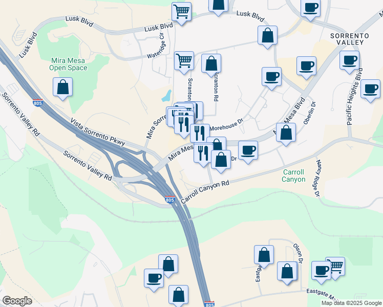 map of restaurants, bars, coffee shops, grocery stores, and more near 9276 Scranton Road in San Diego