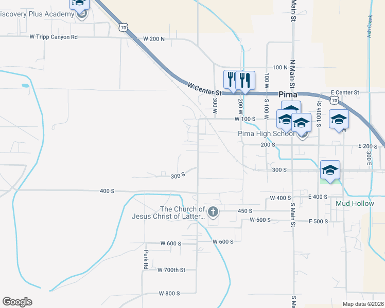 map of restaurants, bars, coffee shops, grocery stores, and more near 232 S 400 W in Pima