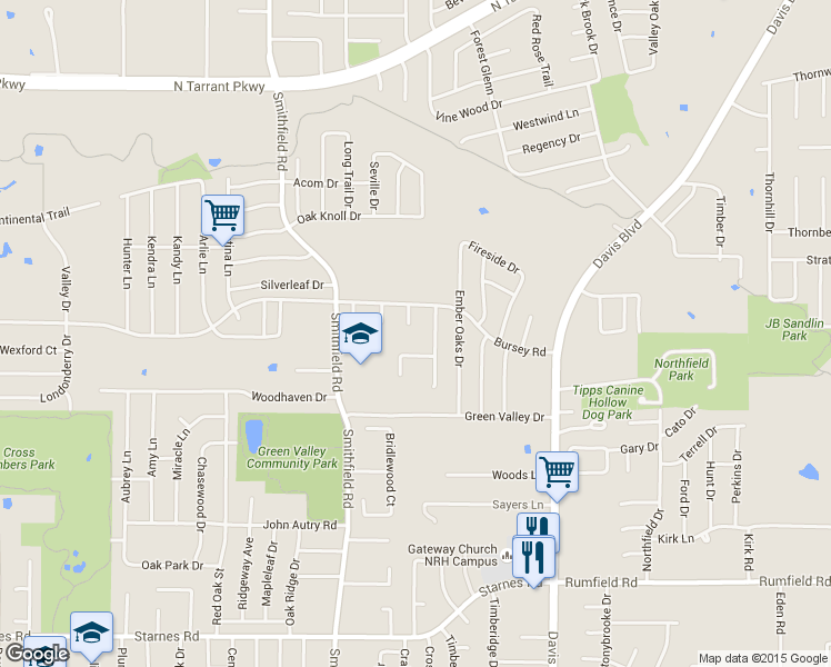 map of restaurants, bars, coffee shops, grocery stores, and more near 7900 Forest Point Court in North Richland Hills