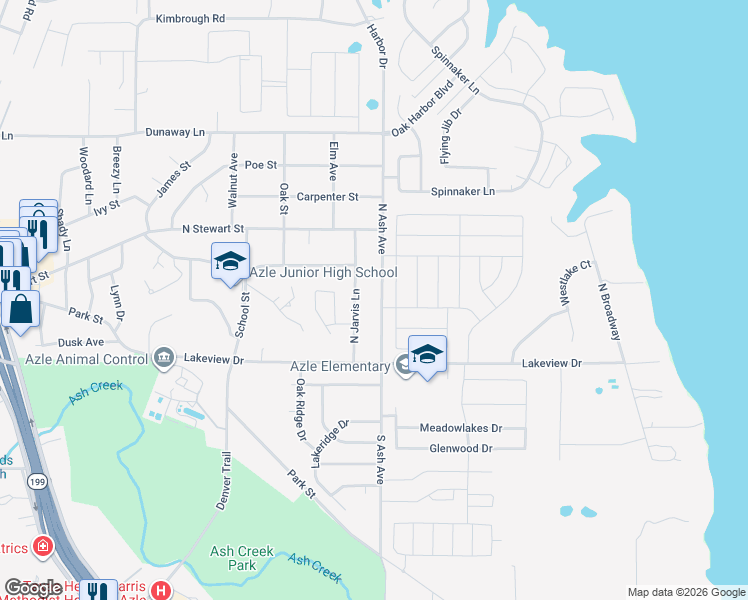 map of restaurants, bars, coffee shops, grocery stores, and more near 201 North Ash Avenue in Azle