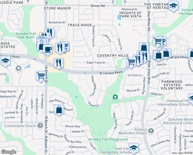 map of restaurants, bars, coffee shops, grocery stores, and more near 8471 Fern Lake Court in Fort Worth