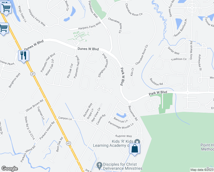 map of restaurants, bars, coffee shops, grocery stores, and more near 1428 Wellbrooke Lane in Mount Pleasant