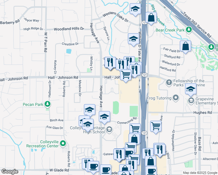 map of restaurants, bars, coffee shops, grocery stores, and more near 2551 Hall - Johnson Road in Grapevine