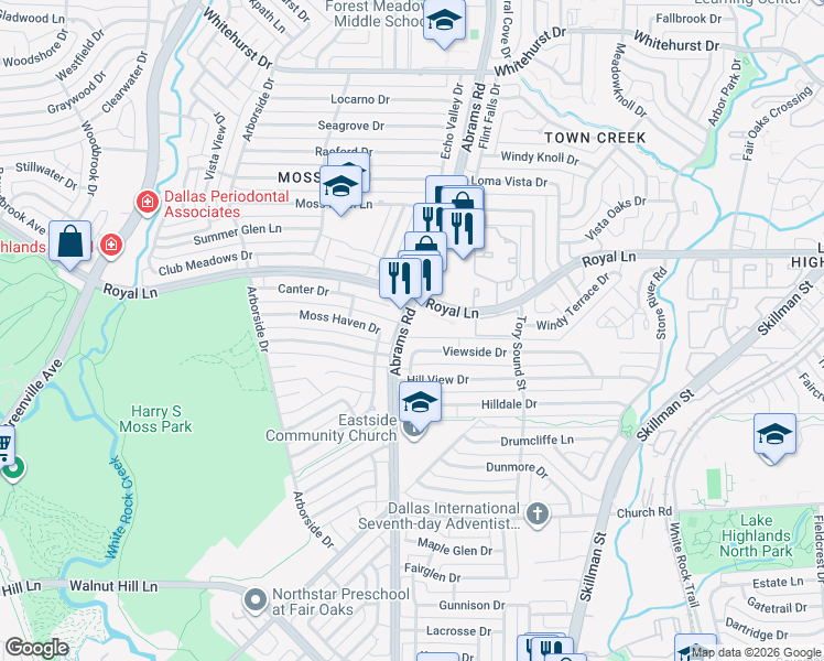 map of restaurants, bars, coffee shops, grocery stores, and more near 8220 Abrams Road in Dallas