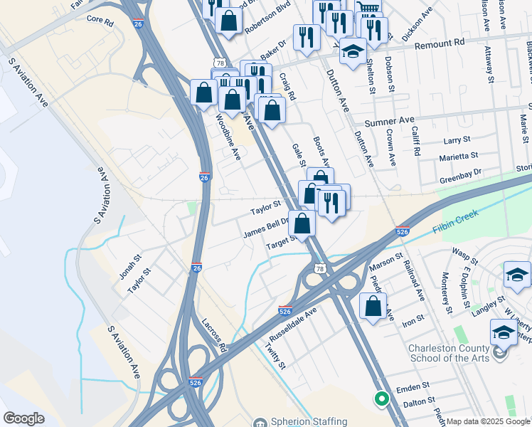 map of restaurants, bars, coffee shops, grocery stores, and more near 2105 Taylor Street in North Charleston