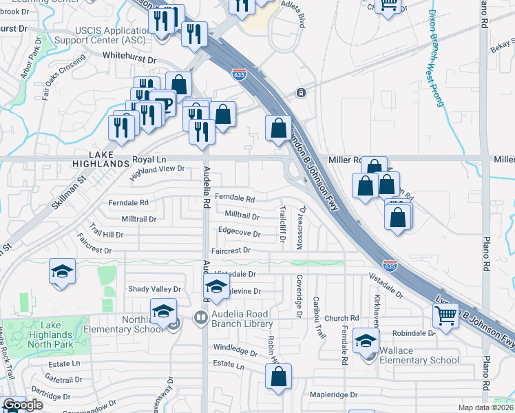map of restaurants, bars, coffee shops, grocery stores, and more near 10845 Ferndale Road in Dallas