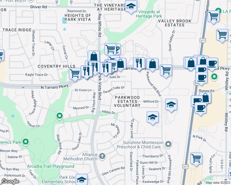 map of restaurants, bars, coffee shops, grocery stores, and more near 8369 Everglades Circle in Fort Worth