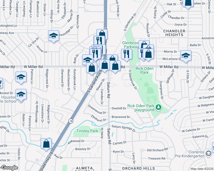 map of restaurants, bars, coffee shops, grocery stores, and more near 2109 Saturn Road in Garland