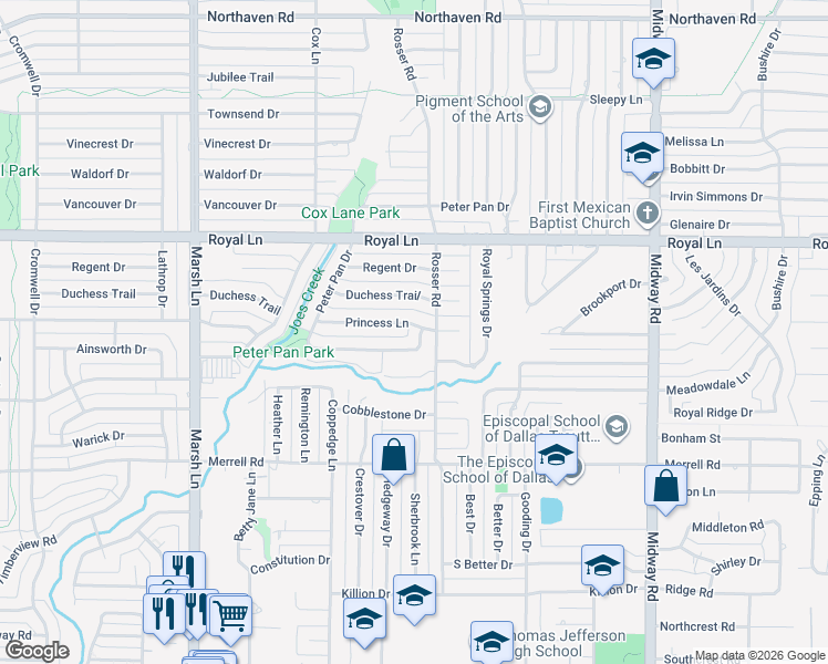 map of restaurants, bars, coffee shops, grocery stores, and more near 3886 Princess Ln in Dallas