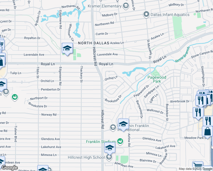 map of restaurants, bars, coffee shops, grocery stores, and more near 6917 Meadowbriar Lane in Dallas