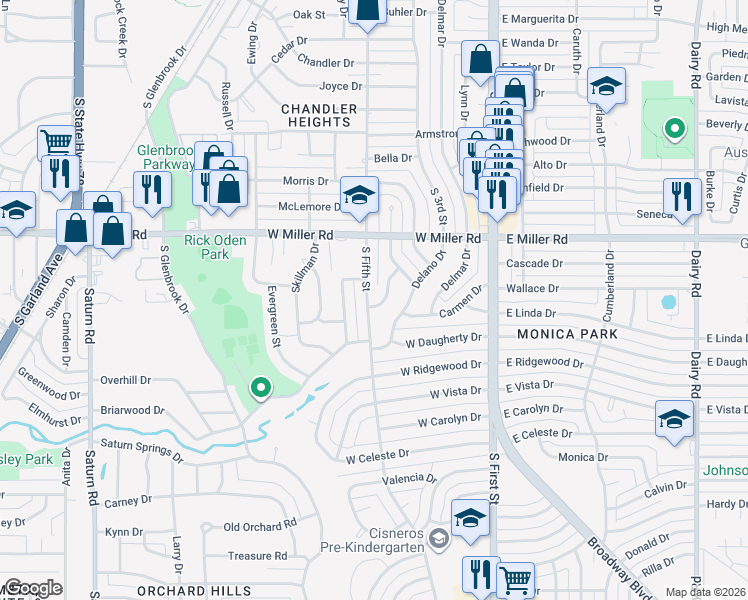 map of restaurants, bars, coffee shops, grocery stores, and more near 2048 South 5th Street in Garland