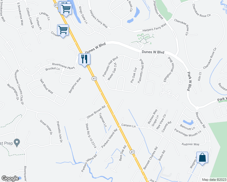 map of restaurants, bars, coffee shops, grocery stores, and more near 2660 Palmetto Hall Boulevard in Mount Pleasant