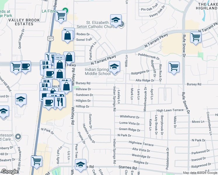 map of restaurants, bars, coffee shops, grocery stores, and more near 6045 Hillview Drive in Watauga