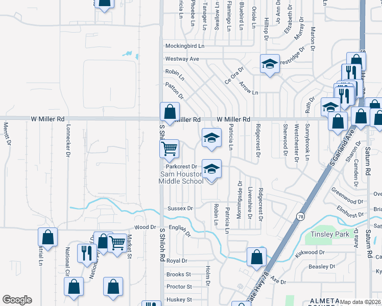 map of restaurants, bars, coffee shops, grocery stores, and more near 2205 Newcastle Drive in Garland