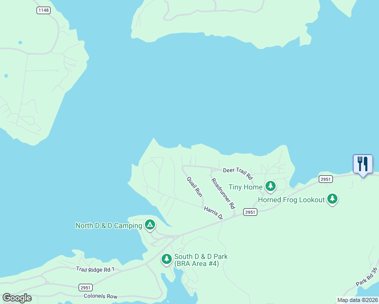 map of restaurants, bars, coffee shops, grocery stores, and more near 1961 Deer Trail Road in Graford