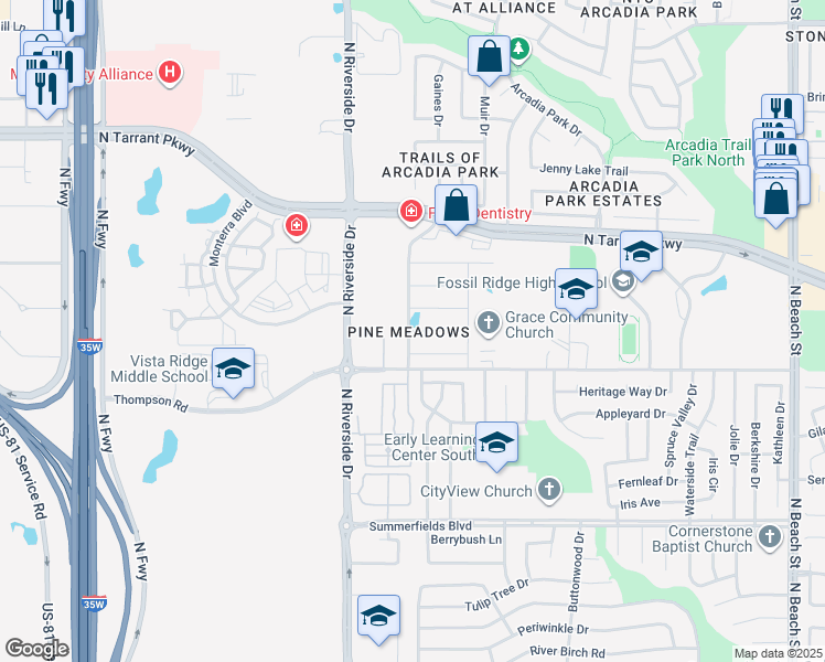 map of restaurants, bars, coffee shops, grocery stores, and more near 3733 Peach Blossom Road in Fort Worth