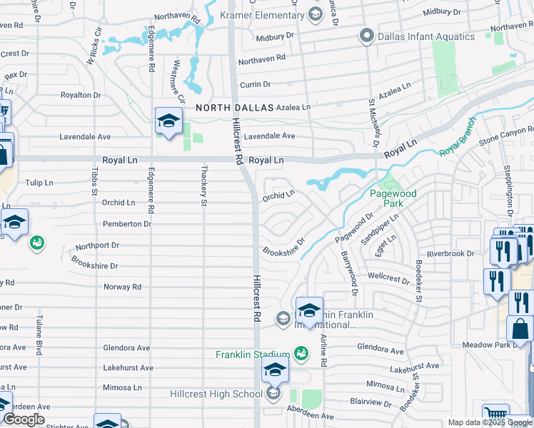 map of restaurants, bars, coffee shops, grocery stores, and more near 6917 Meadowbriar Lane in Dallas