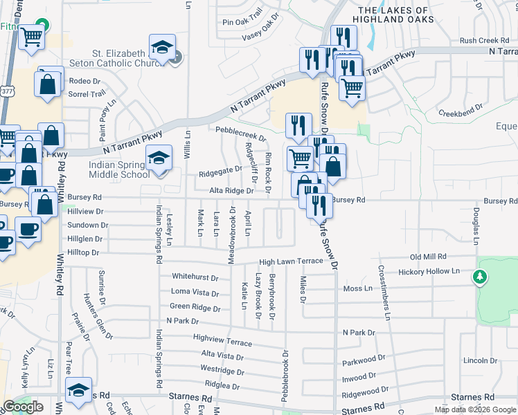 map of restaurants, bars, coffee shops, grocery stores, and more near 6537 Emma Way in Watauga