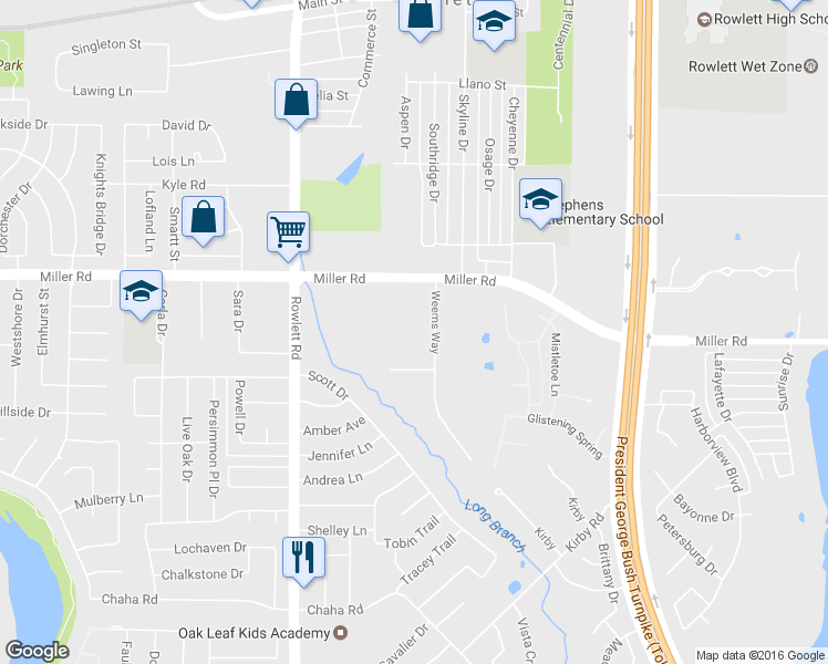 map of restaurants, bars, coffee shops, grocery stores, and more near 3305 Weems Way in Rowlett