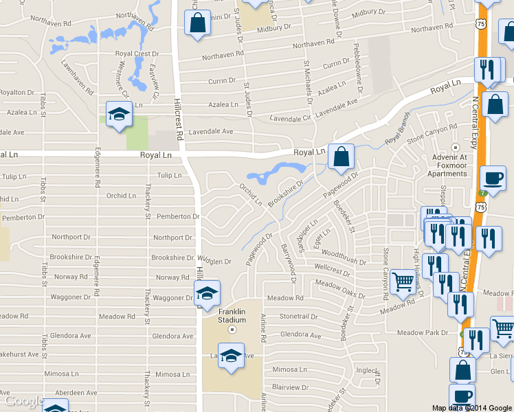 map of restaurants, bars, coffee shops, grocery stores, and more near 7050 Orchid Lane in Dallas