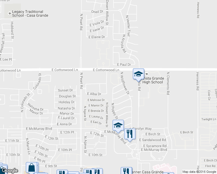 map of restaurants, bars, coffee shops, grocery stores, and more near 1538 N Desert Willow St in Casa Grande