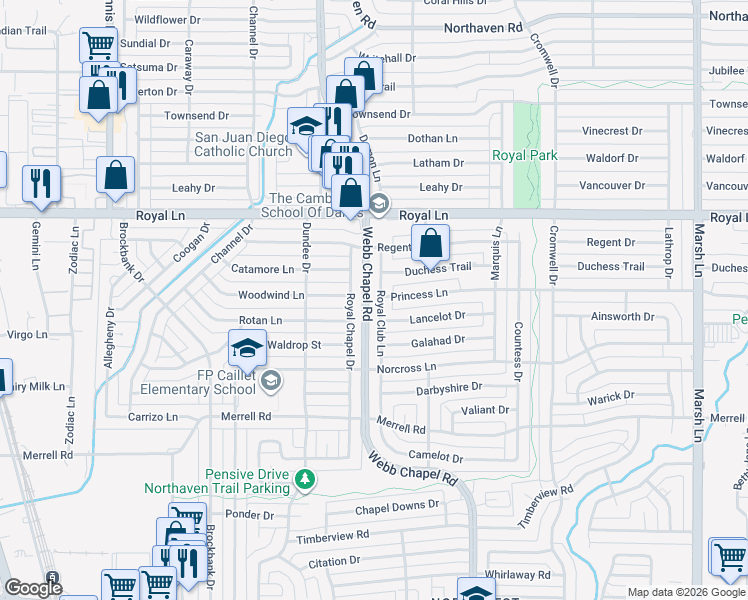 map of restaurants, bars, coffee shops, grocery stores, and more near 10565 Royal Club Lane in Dallas