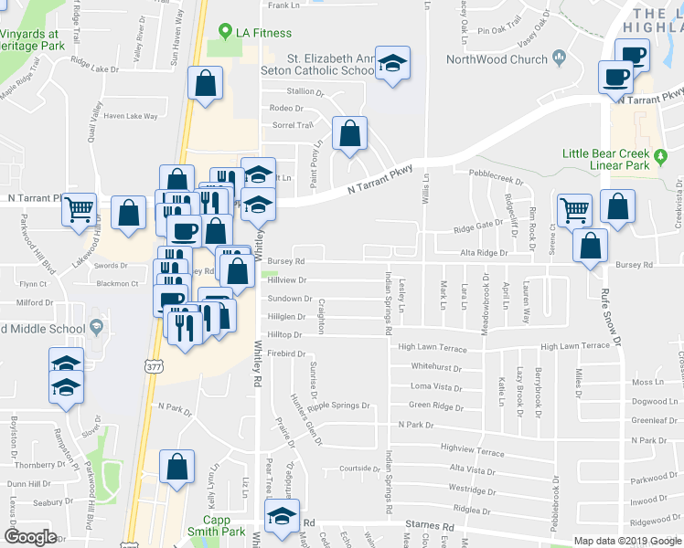 map of restaurants, bars, coffee shops, grocery stores, and more near 6017 Hillview Drive in Watauga