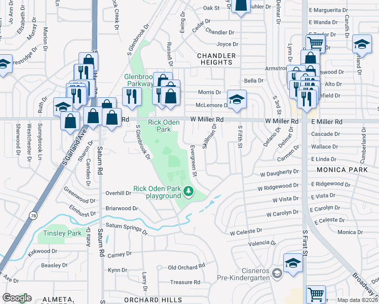 map of restaurants, bars, coffee shops, grocery stores, and more near 2105 Evergreen Street in Garland