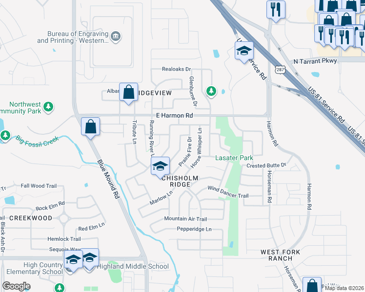 map of restaurants, bars, coffee shops, grocery stores, and more near 8512 Hawks Nest Drive in Fort Worth