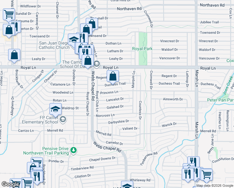 map of restaurants, bars, coffee shops, grocery stores, and more near 3316 Princess Lane in Dallas