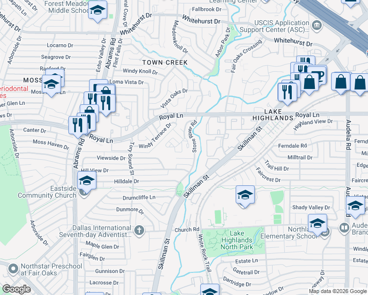 map of restaurants, bars, coffee shops, grocery stores, and more near 8319 Southmeadow Circle in Dallas