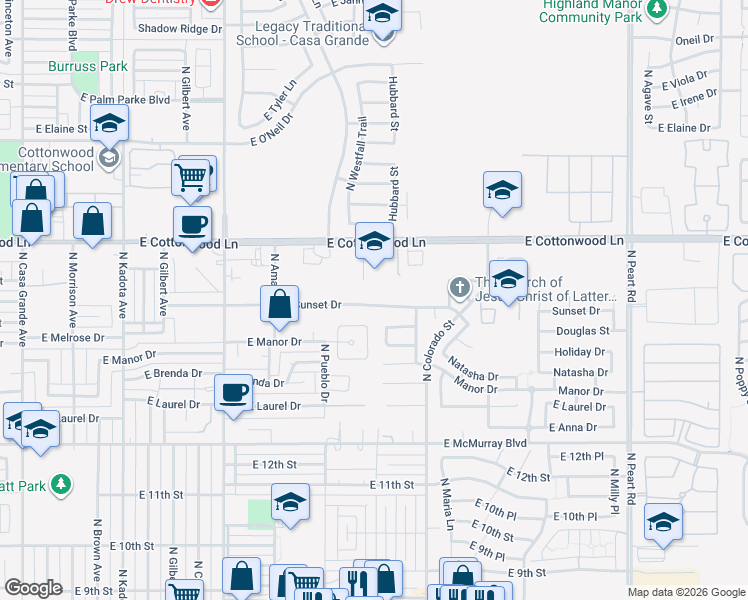 map of restaurants, bars, coffee shops, grocery stores, and more near 1246 East Sunset Drive in Casa Grande