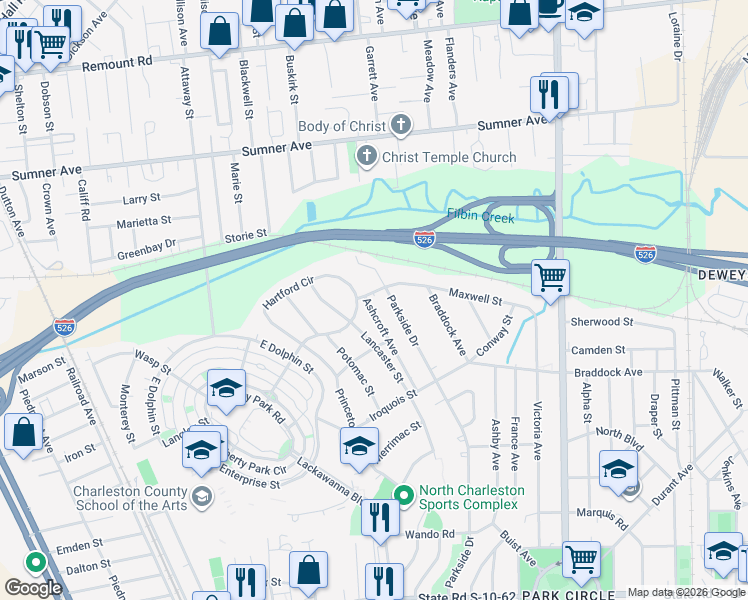 map of restaurants, bars, coffee shops, grocery stores, and more near 1375 Maxwell Street in North Charleston