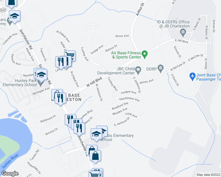 map of restaurants, bars, coffee shops, grocery stores, and more near 1501 Touhey Boulevard in North Charleston