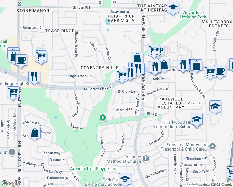 map of restaurants, bars, coffee shops, grocery stores, and more near 8420 Sequoia Way in Fort Worth